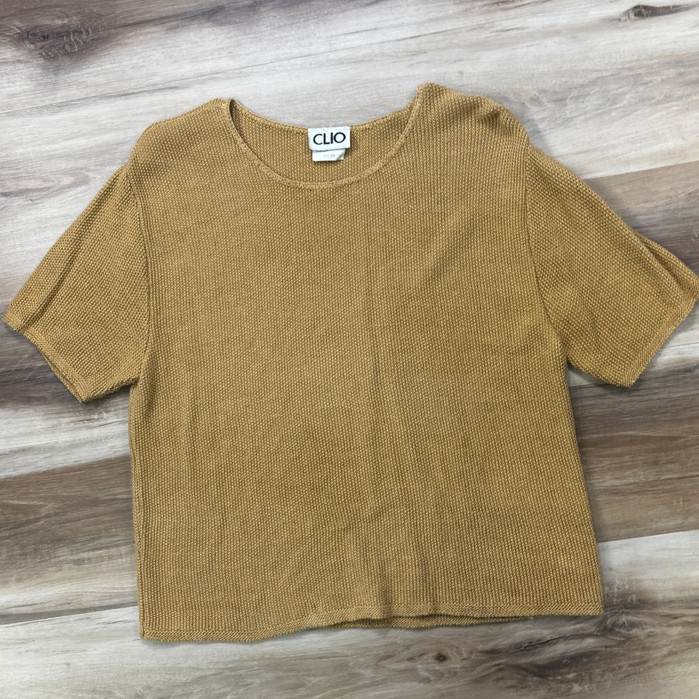 Vintage 80s CLIO Cotton Rayon Knit Sweater Top Made USA Womens Medium Boxy Camel
